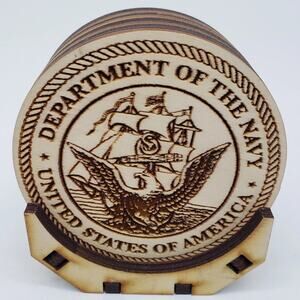 Wood Coasters w/Holder U.S. Navy Logo Wood Burned.‎ Desktop. Office. Decor. NICE